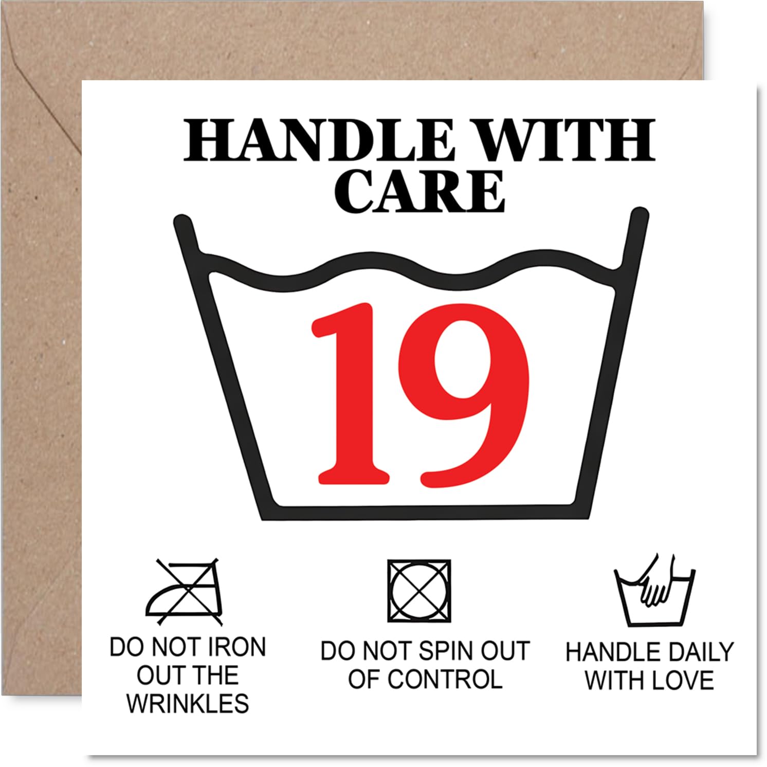 Funny 19th Birthday Card - Caution: Handle with Care - 19th Styled Like Care Instructions - Playful Warnings and Bold Design for a Proper Laugh - 145mm Square, Envelope Included