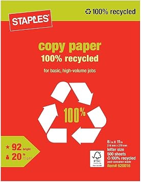 Staples 100% Recycled Printer Paper, 8.5x11, Bright White, 500/Ream