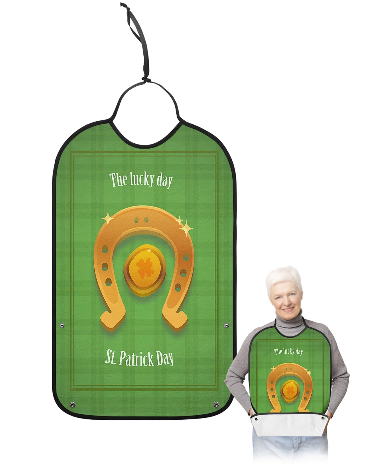 St. Patrick's Day Adult Bibs for Eating, Waterproof Bibs with Food Catcher & Adjustable Snap Closure, Green Checkered Horseshoe Gold Washable Clothing Protectors Adult Bibs for Elderly Women/Men
