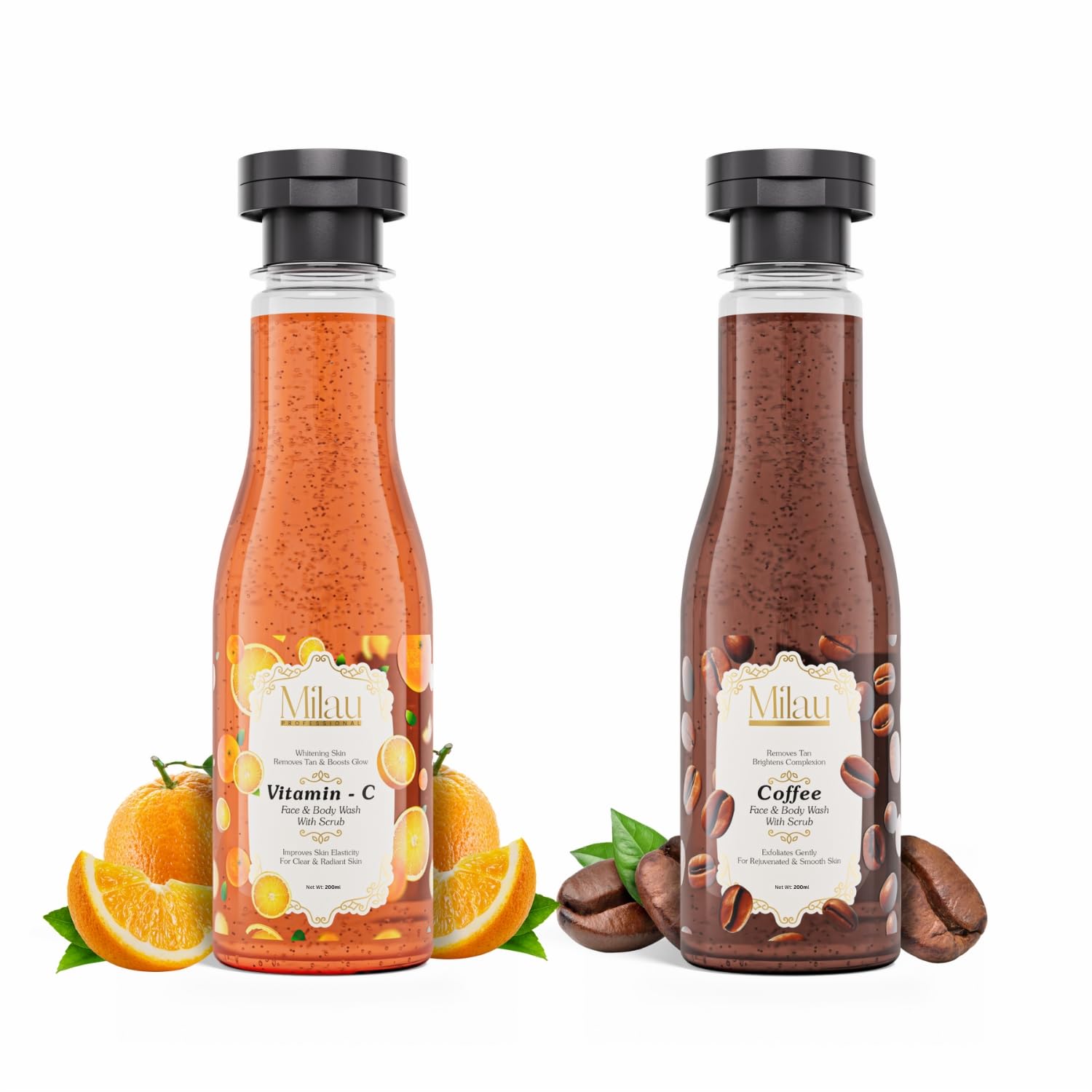 Milau PROFESSIONAL Orange & Coffee Body & Face Wash Gel with Scrub, 200ml Each, (Pack of 2) Body Wash for Men & Women/Deep Cleansing Body Wash, Radiant Glow, Face Wash for All Skin Types-image-33