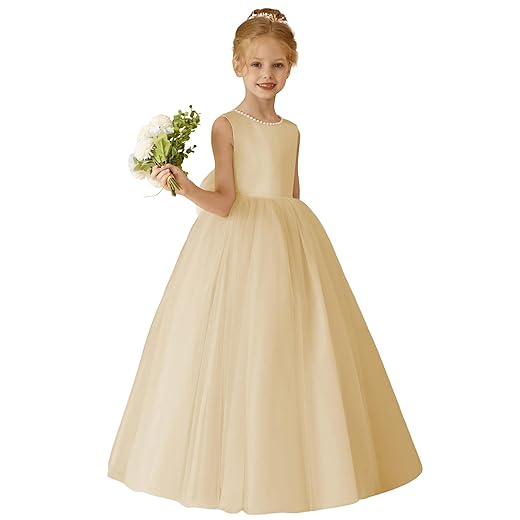 MCieloLuna Flower Girl Dresses for Wedding Toddler Pearls Satin Bow-Knot Tulle Ball Gowns Pageant Princess Silver First Communion Dress Silver Size 2