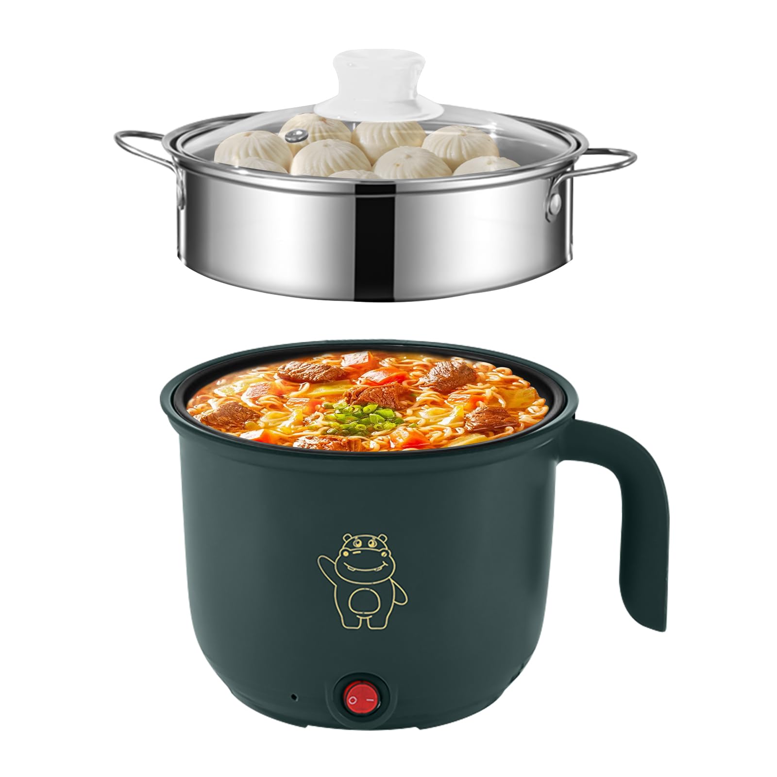 Mini Pentola Elettrica: Pentola Elettrica Portatile, Multifunzionale Pentola Elettrica Piccola, 1,8L Padella Elettrica Antiaderente Domestico, con Vaporiera in Acciaio Inox, 600W, 220V,Verde