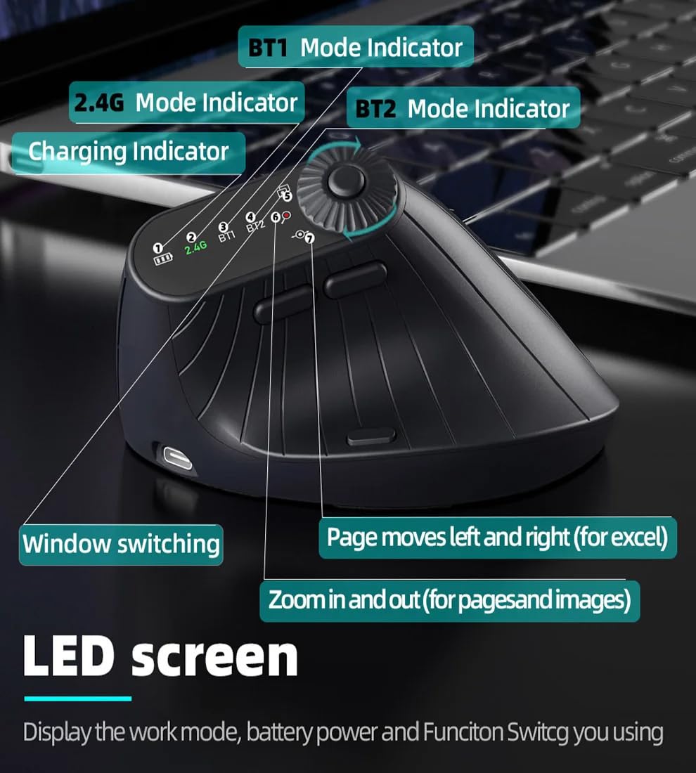 JOMAA Wireless 2.4G & Dual Bluetooth tre canali mouse verticale ergonomico DPI regolabile, giradischi multifunzione per PC, laptop, MacBook, ricaricabile (nero)