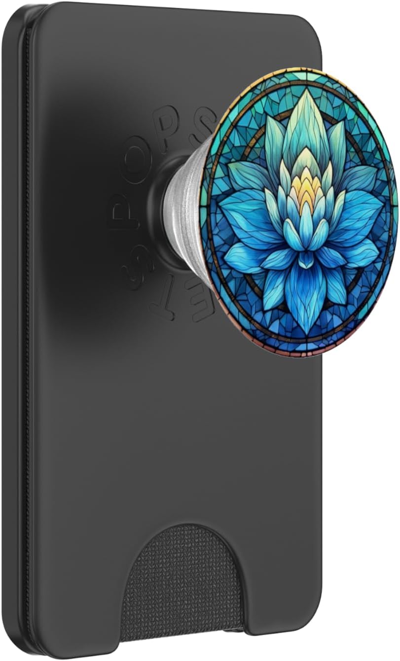 Floral Stained Glass Blue Abstract Lotus Flower PopSockets PopWallet for MagSafe