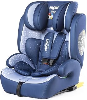 Tataway Disney Mickey Mouse Autositz Mit ISOFIX-Befestigung Für Kindersicherheit Mit Einer Körpergröße Von 76 Bis 150 Cm Mit Grafiken Von Mickey Mouse Und Seinen Freunden Auf Blauem Hintergrund