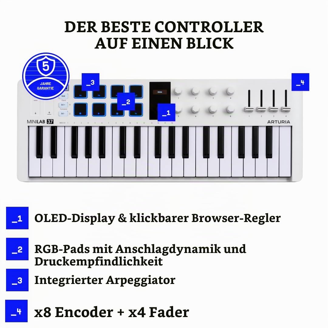 Arturia MiniLab 37 USB-MIDI-Controller mit 37 Tasten | 37 schlanke Tasten, Pads, Encoder, Fader, DAW-Integration, USB-C, Software-Paket, Arpeggiator mit Akkordmodus