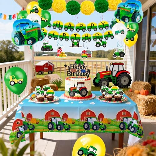 55 Pcs Tractor Birthday Party Decorations, Tractors Birthday Balloons Tractors Banner Tableclothes Flower Balls Hanging Swirls for Tractor Birthday Party Supplies - 3