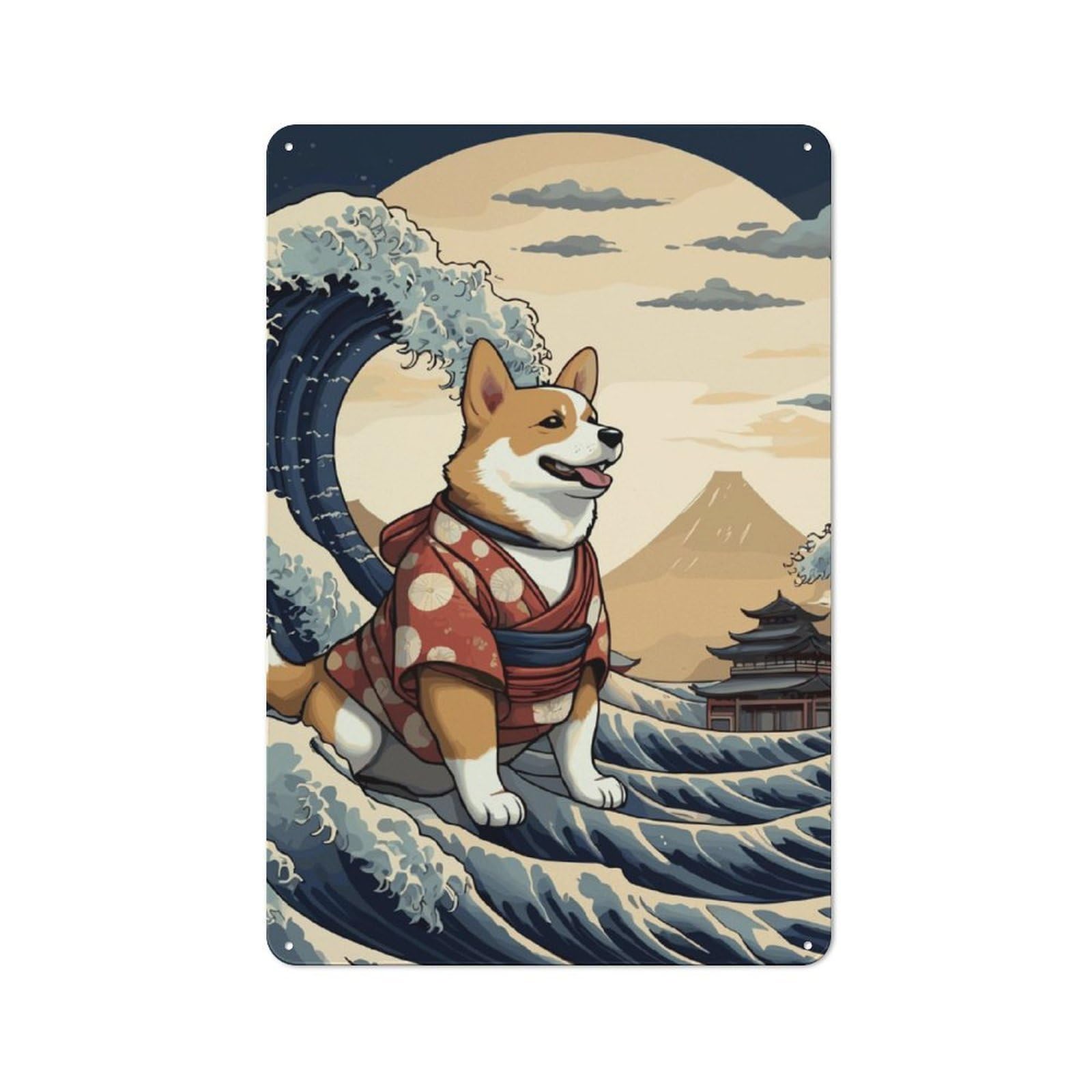 Junmoney Corgi Wave Off Kanagawa Rustic Tin Wall Plaque 30X20cm For Guest Room Or Hallway, For Garage, Workshop And Man Cave Decoration
