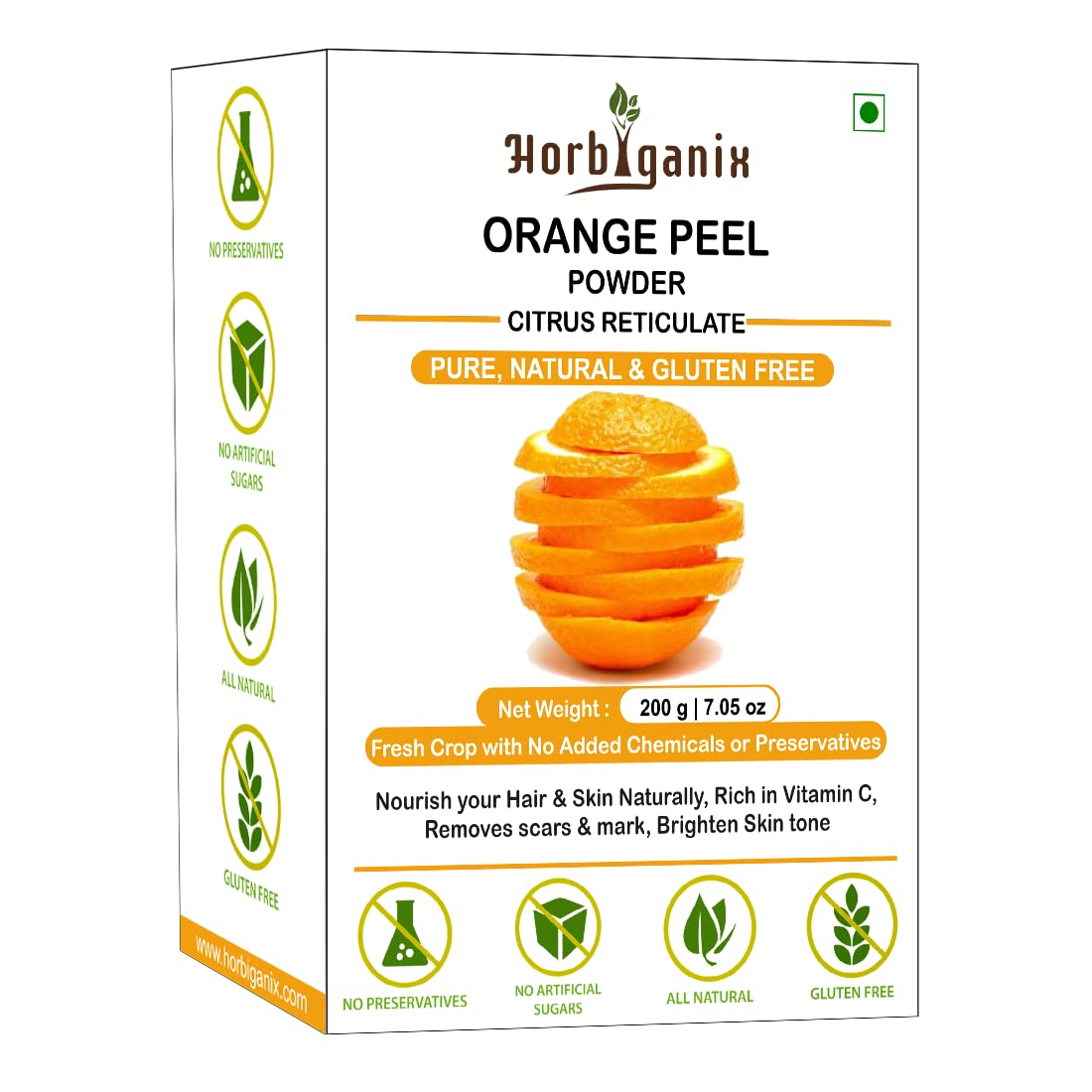 Horbiganix Orange Peel powder for Skin Whitening | Rich in Vitamin C | Glowing Skin | Skin Brightening | 200 grams | For Men & Women | No Artificial Color or Preservatives