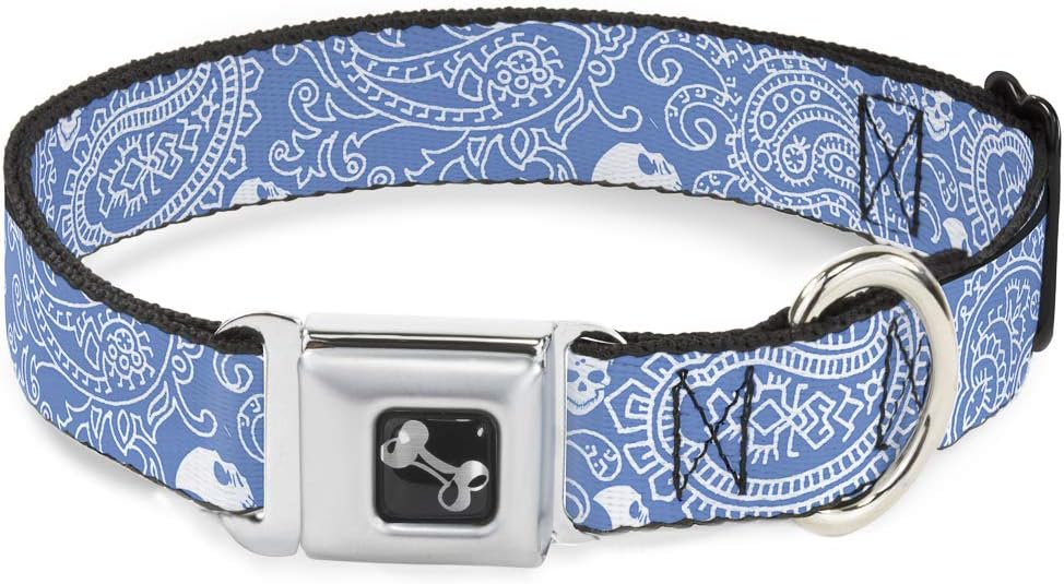Buckle-Down Dog Collar Seatbelt Buckle Bandana Skulls Baby Blue White 9 to 15 Inches 1.0 Inch Wide, Multicolor (DC-W30202-S)