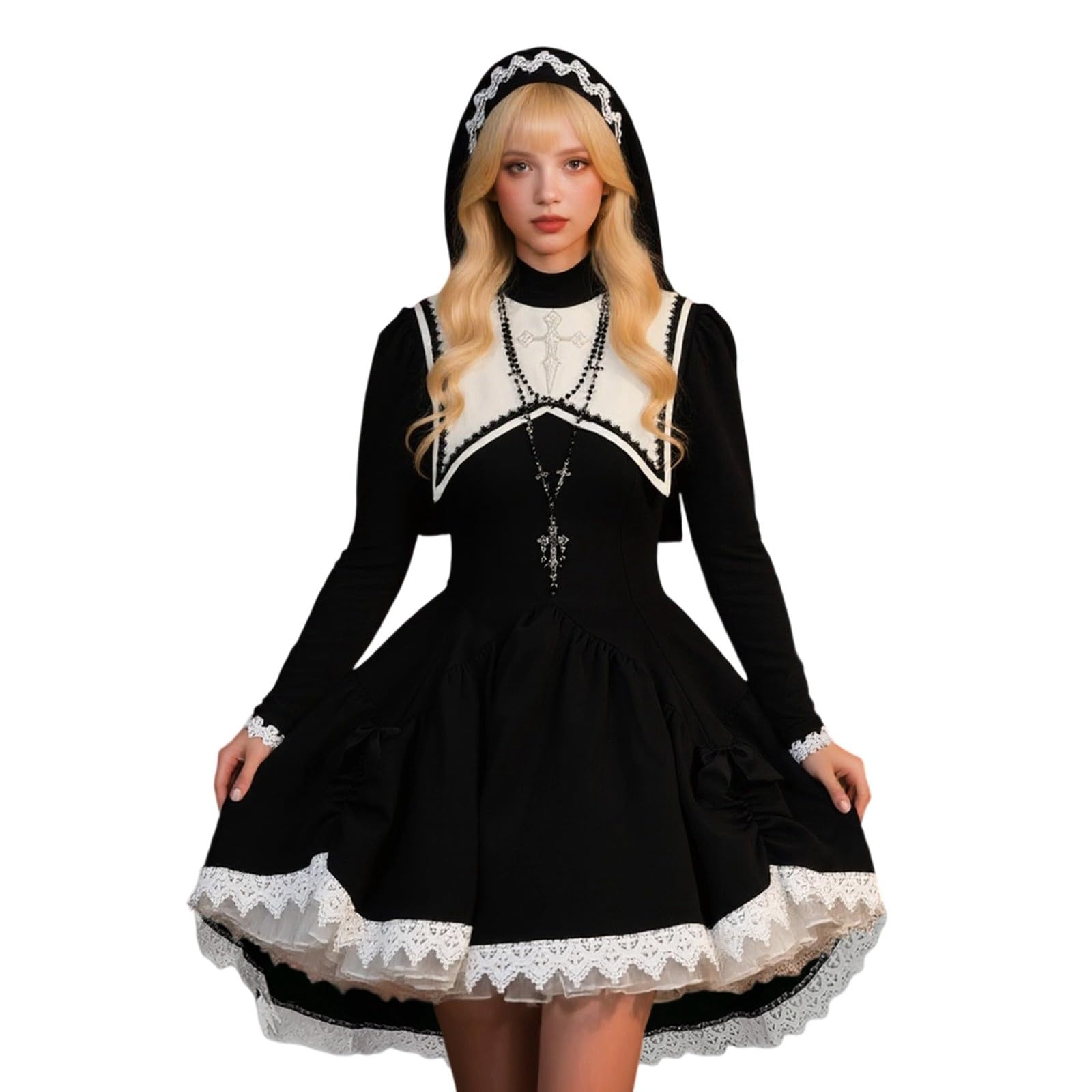 Generisch Elegantes Cosplay-Kleid mit Spitzenbesatz für Halloween-Partys mittelalterliches Gothic-Rollenkleid in Übergröße mit Korsett-Optik viktorianischem Charme (Black, XXXXXL)