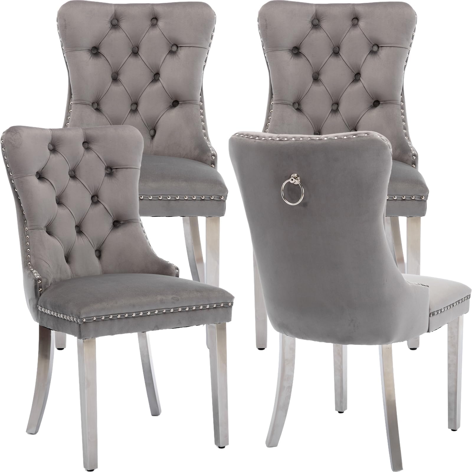 ODUSE-DAILY Gray Velvet Dining Chairs Set of 4 for Kitchen & Dining Room, High Tufted Back Dinning Chairs, Sillas de Comedor, Fabric Upholstered, Brushed Chrome Silver Metal Legs, Grey