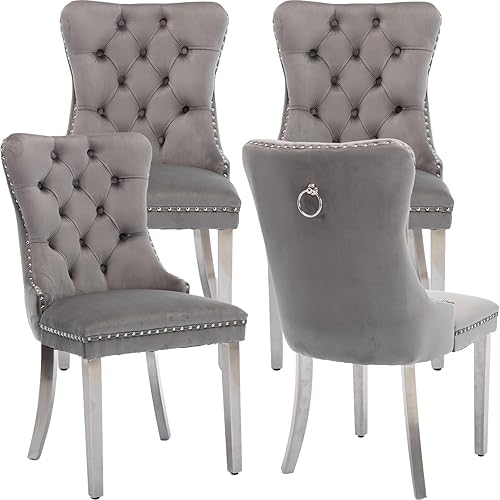 Gray Velvet Dining Chairs Set of 4 for Kitchen & Dining Room, High Tufted Back Dinning Chairs, Sillas de Comedor, Fabric Upholstered, Brushed Chrome Silver Metal Legs, Grey]