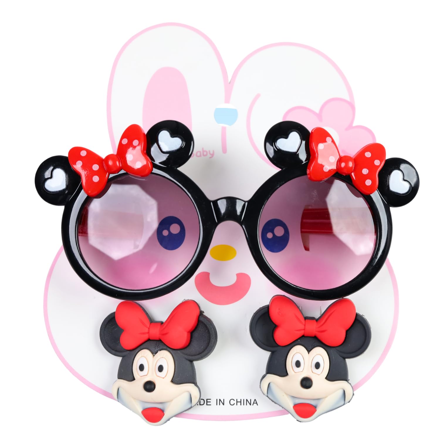 Fashion Alley Pack of 3 Kids Sunglasses and Hair Clips Set | Cartoon Mouse Shape Frame with Bow Design Heart Lenses | Fancy Dress Party Photo Props Eyewear | Kids Girls Costume Accessory (Black) 1