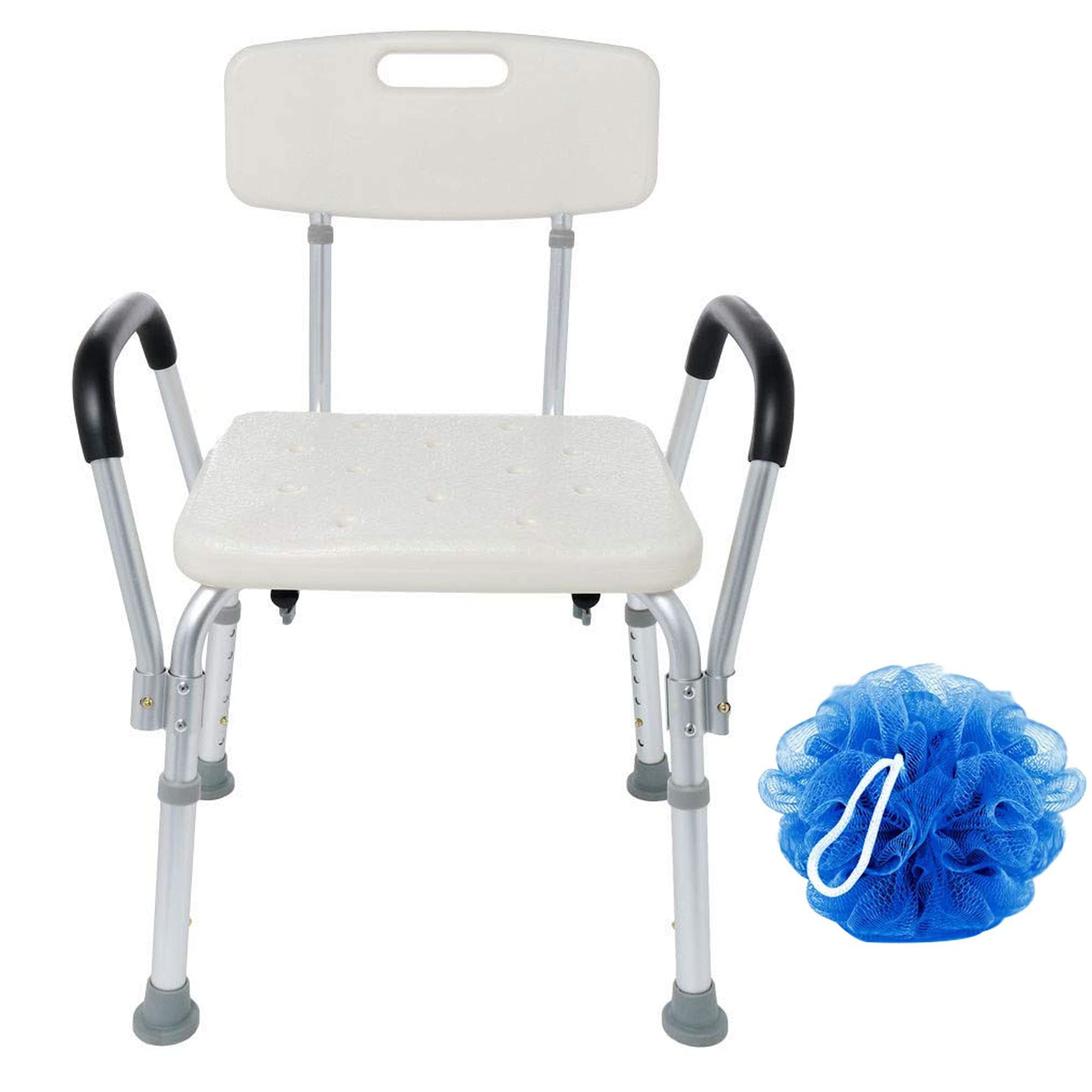 VeayvaSHOWER BENCH | SHOWER CHAIR | DETACHABLE HANDREST AND BACKREST | PRE ASSEMBLED SHOWER BATH BENCH WITH FREE Sponge Pouf Body Scrubber