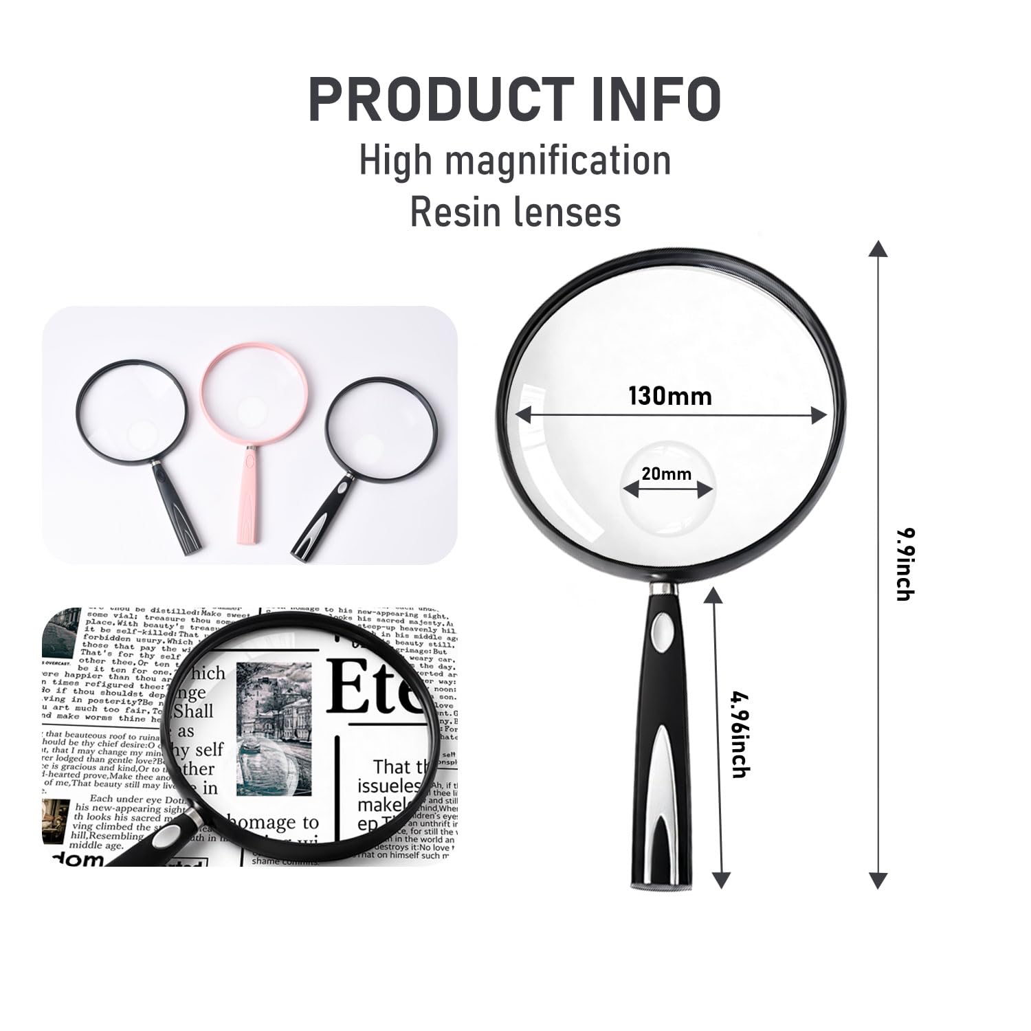 Feosky Hand-Leselupe, 10-fache 30-fache Lupe, 130 mm bruchsichere Linse, rutschfester Griff für Erwachsene, enge Arbeit, Senioren, Lesen und Kinder, Naturerkundung, Hobby-Beobachtung (Silber)