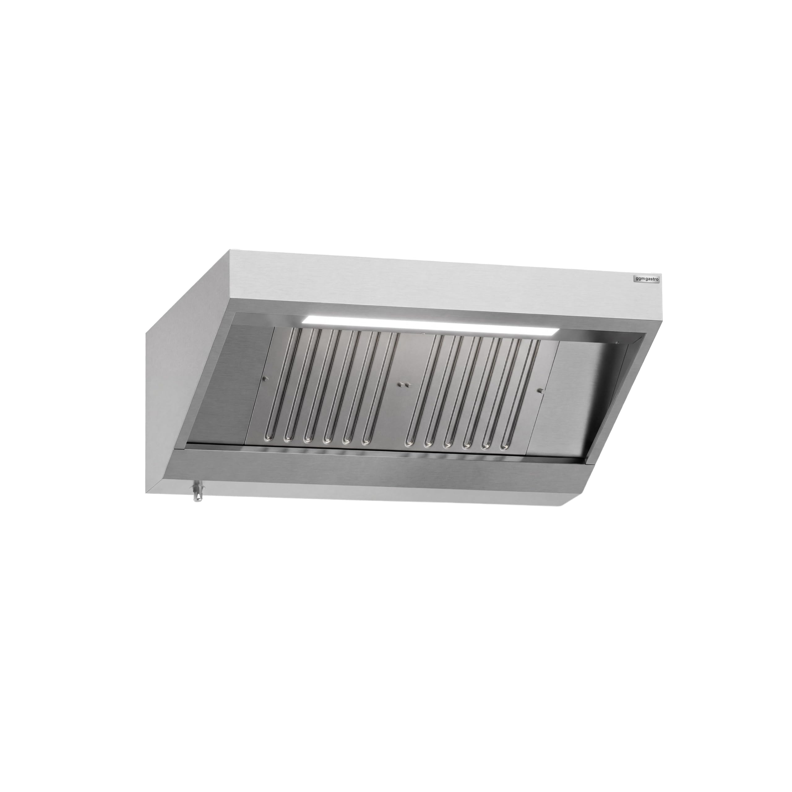 GGM Gastro Wandhaube 1200 mm mit LED | Hochwertiger Edelstahl, einfache Reinigung, integrierte Fettfangrinne mit Ablasshahn, optimale Absaugung, langlebig