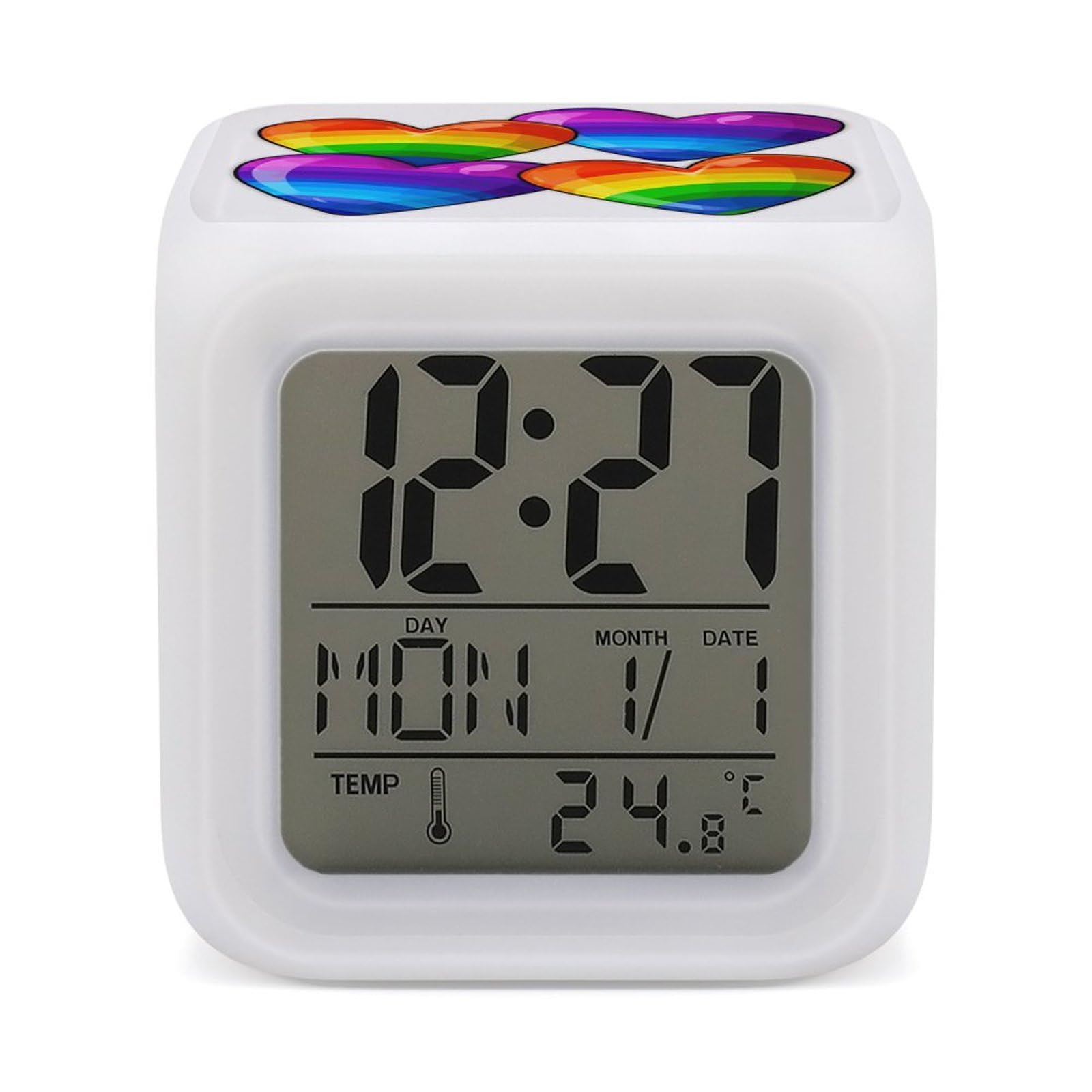 JTREHY 7 Color Changing LED Digital Alarm Clock,Rainbow Colored Gay Pride Hearts Printed Wake-up Clock with Temperature Display Home Decoration Alarm Clock for Bedroom Office