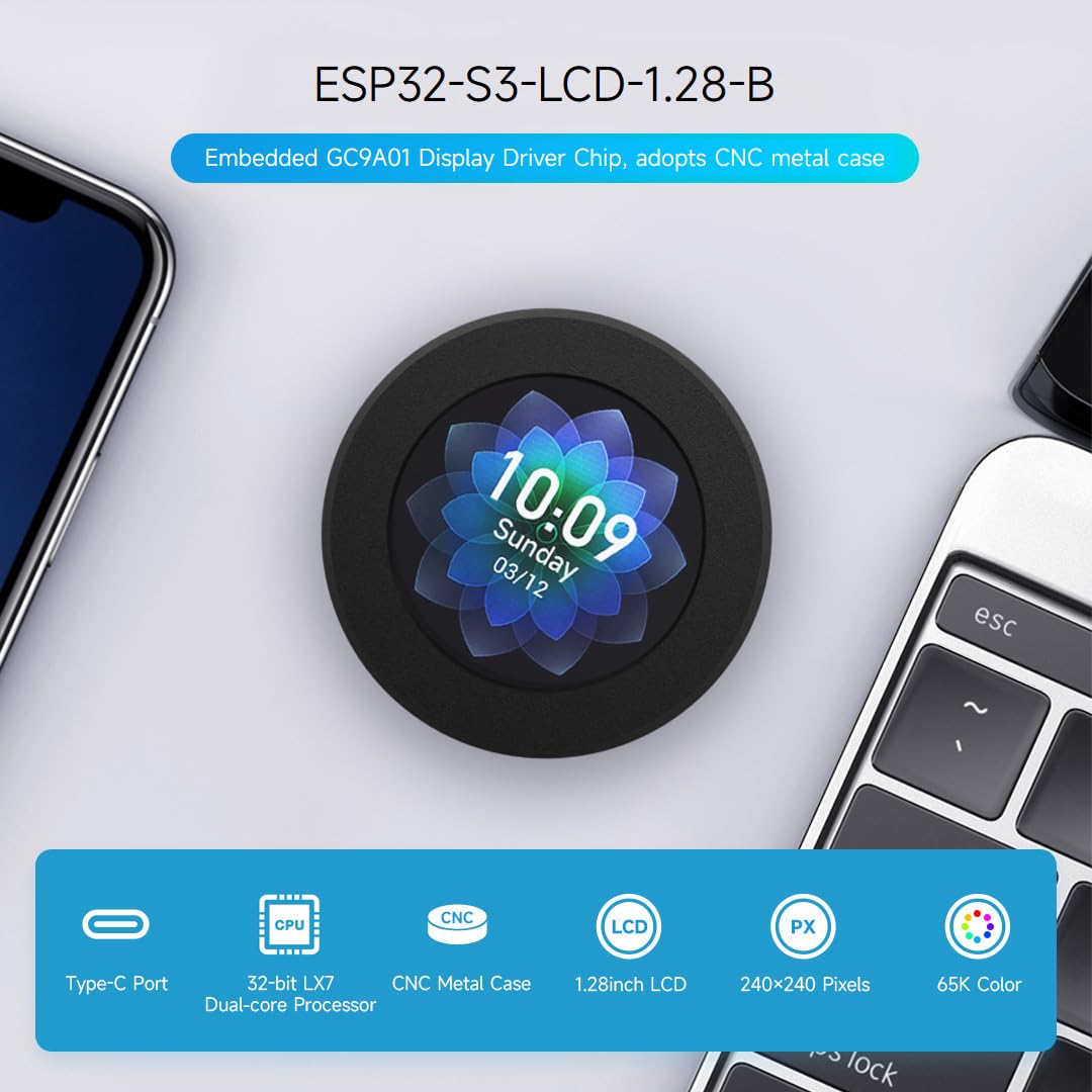Waveshare ESP32-S3 Development Board, 32-Bit LX7 Dual-Core Processor, Integrates GC9A01 Display Driver Chip, with 1.28inch IPS LCD, 240×240 Resolution, Supports WiFi/BT, Display, with CNC Metal Case