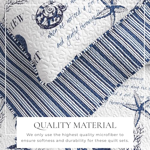 Image of Great Bay Home 3 Piece Quilt Set with Shams. Soft All-Season Microfiber Bedspread Featuring Attractive Seascape Images. Machine Washable. Catalina Collection (Full /Queen, Navy)