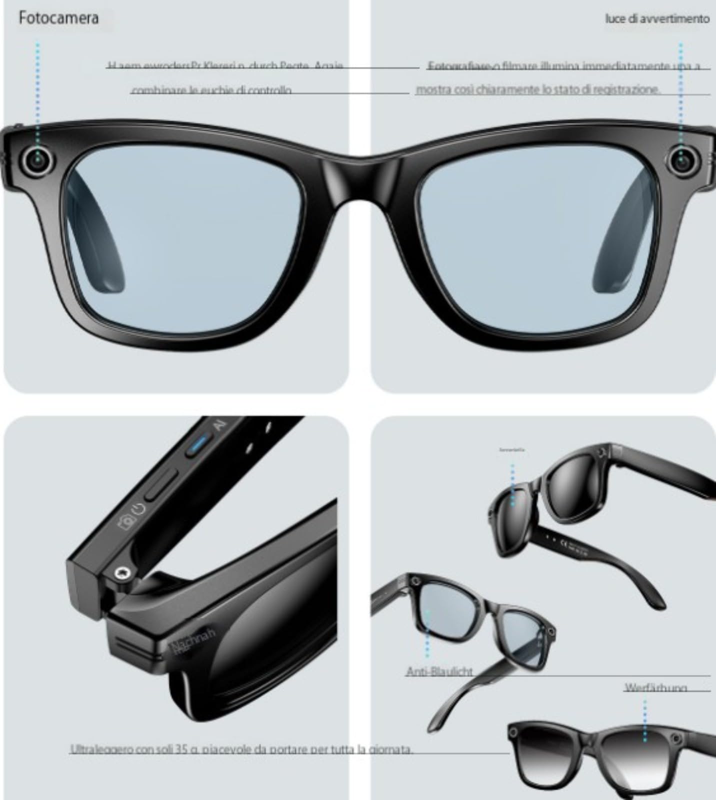Korons Occhiali Intelligenti con Fotocamera HD 800W, Traduzione Intelligente AI, Trasferimento Immagini Wi-Fi (Occhiali da Sole)