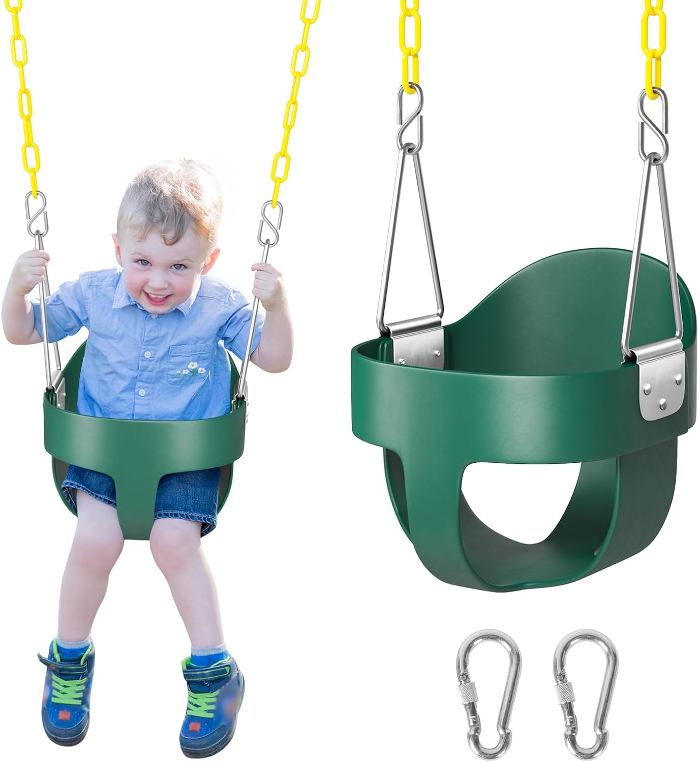 DECORLIFE Toddler Swing, Baby Swing Outdoor –High Back Full Bucket Swing Set for Ages 1-3, 330lb Capacity, Safety Design, Plastic-Coated Chains and Quick-Snap Carabiners for Backyard, Playground Green