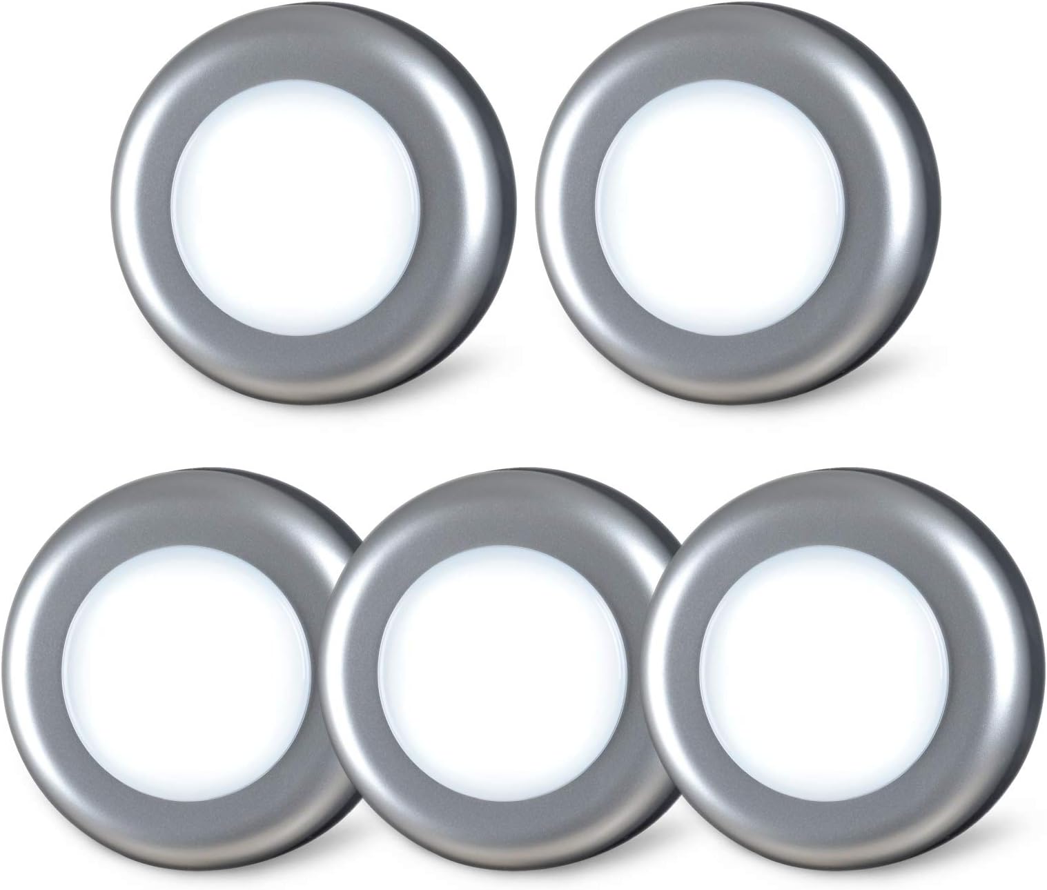 STAR-SPANGLED 5 Pack 2.8” Push Tap Lights, Stick on Touch Puck Lights AAA Battery Operated, LED Sticky Button Lights for Classroom, Kitchen, Under Cabinet, Closet (Sliver, Cool White)