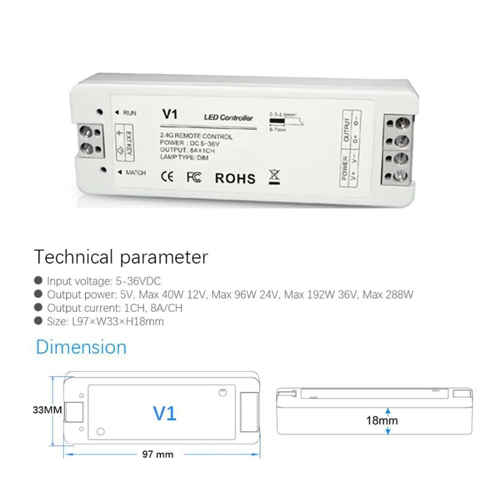 DC12V 24V 36V LED Dimmer PWM 2,4G Helligkeit Einstellung Touch Fernbedienung Schalter Monochrome LED Licht V1(1-Zone TW1-B)