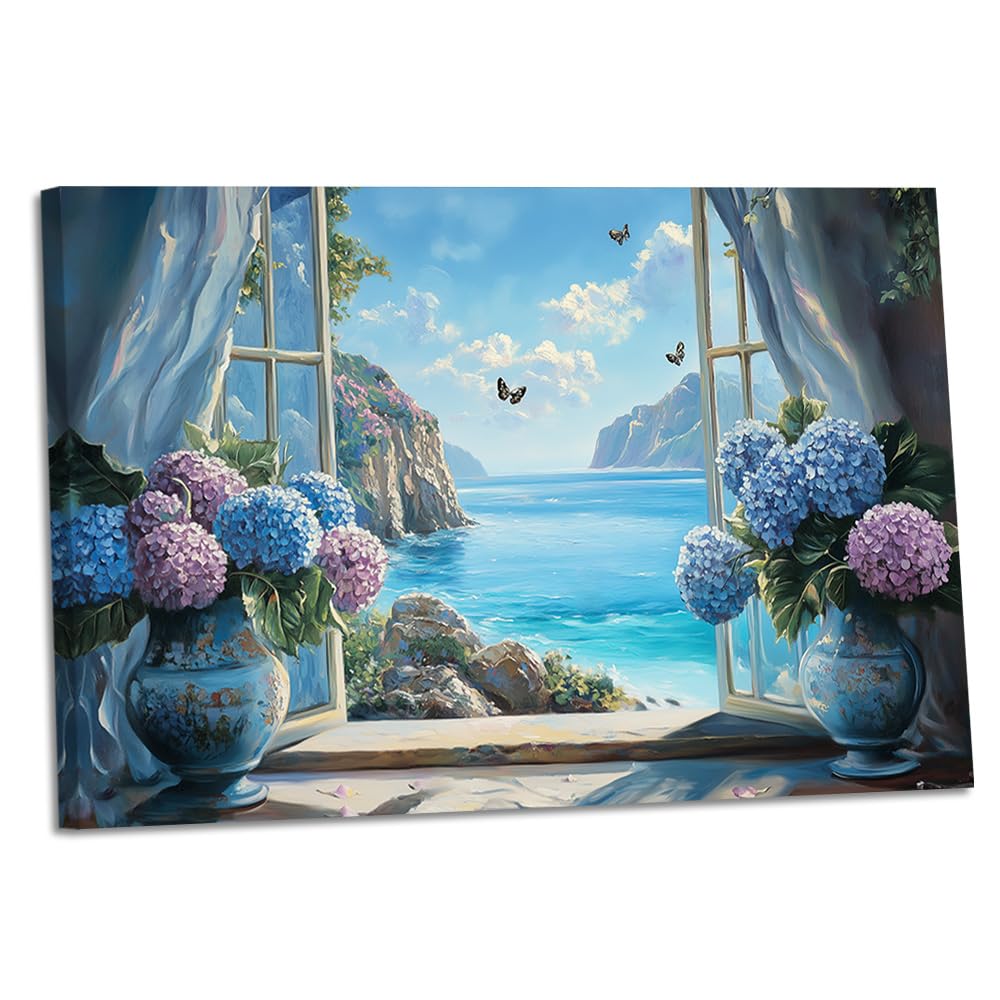 Tableau sur toile Hortensia océanique de style champêtre, impression peinture haute définition