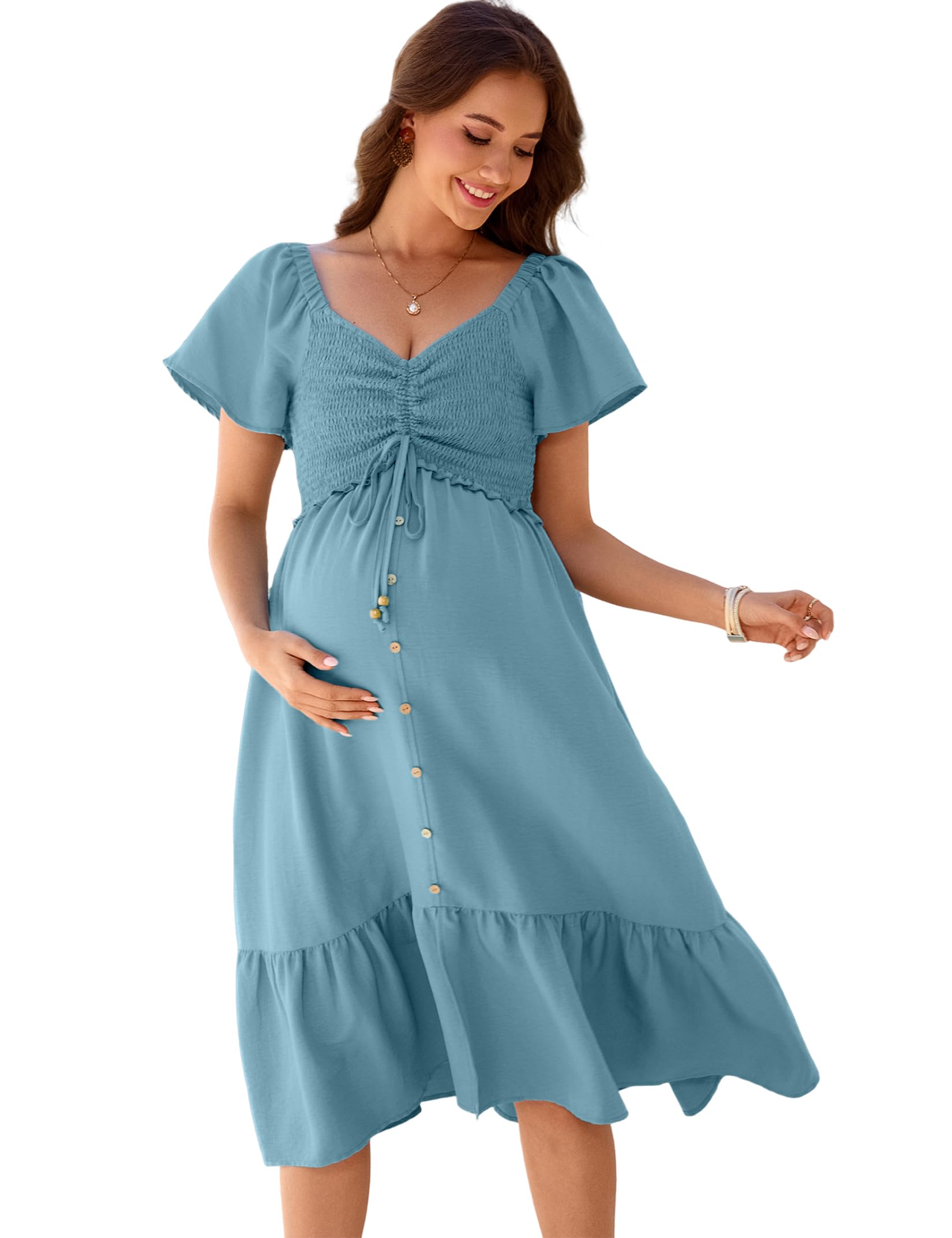 YesFashion Robe de grossesse à manches courtes pour femme enceinte à volants maxi robe d'allaitement (emballage réutilisable)