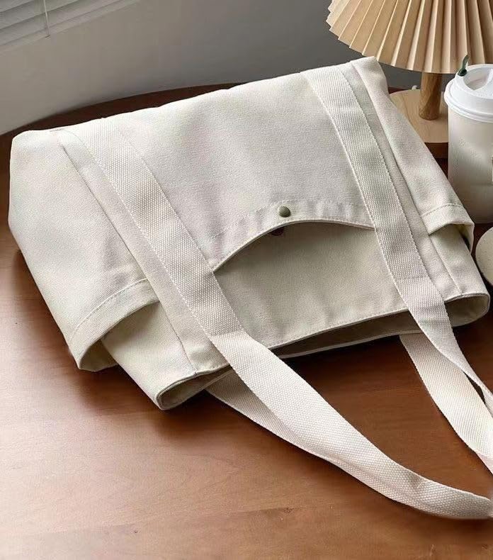 Canvas Shoulder Tote Bag - Spacious Zip Pocket Side Compartments(White)2