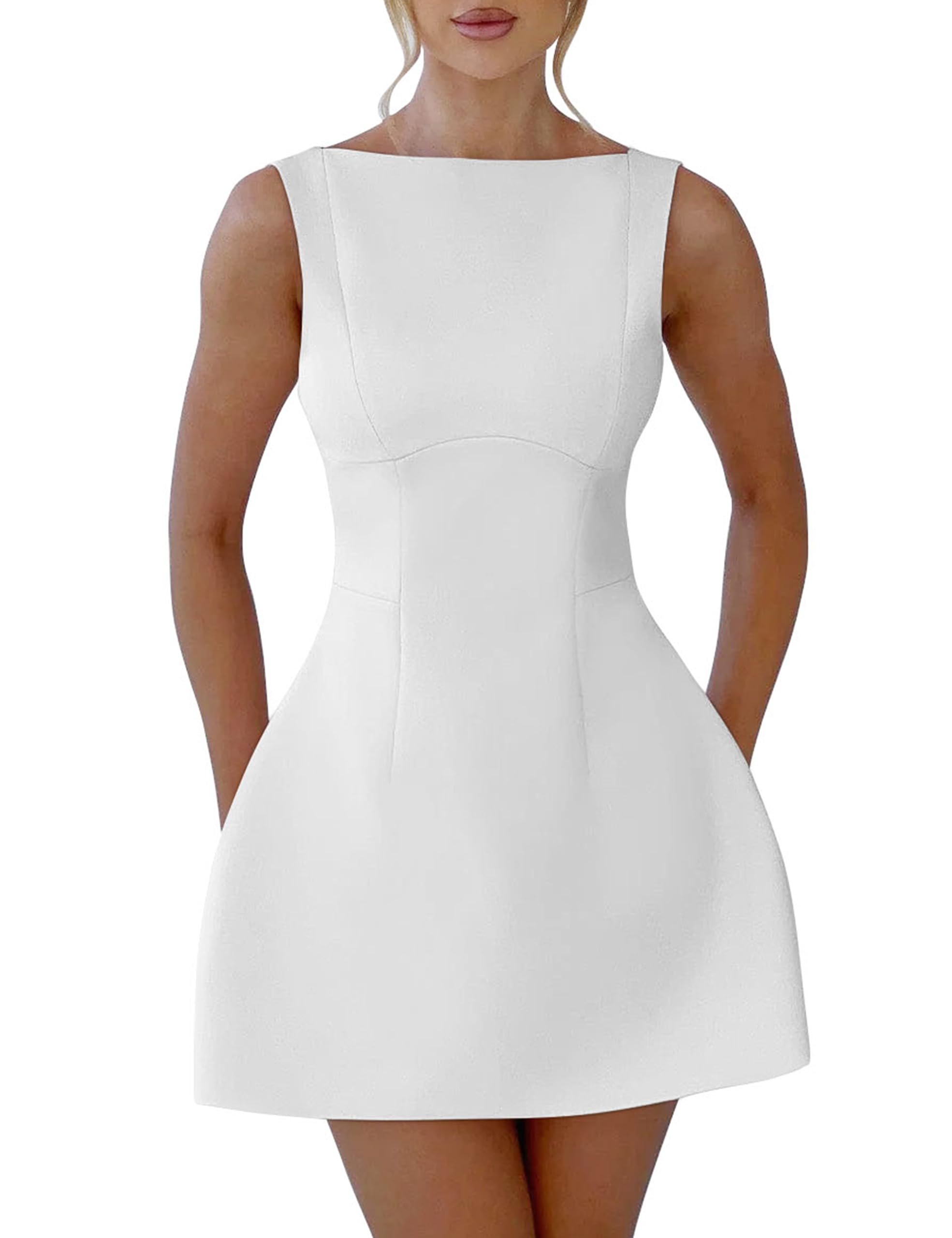 YMDUCH Women's Sexy Sleeveless Crew Neck Backless A-line Party Short Mini Dress