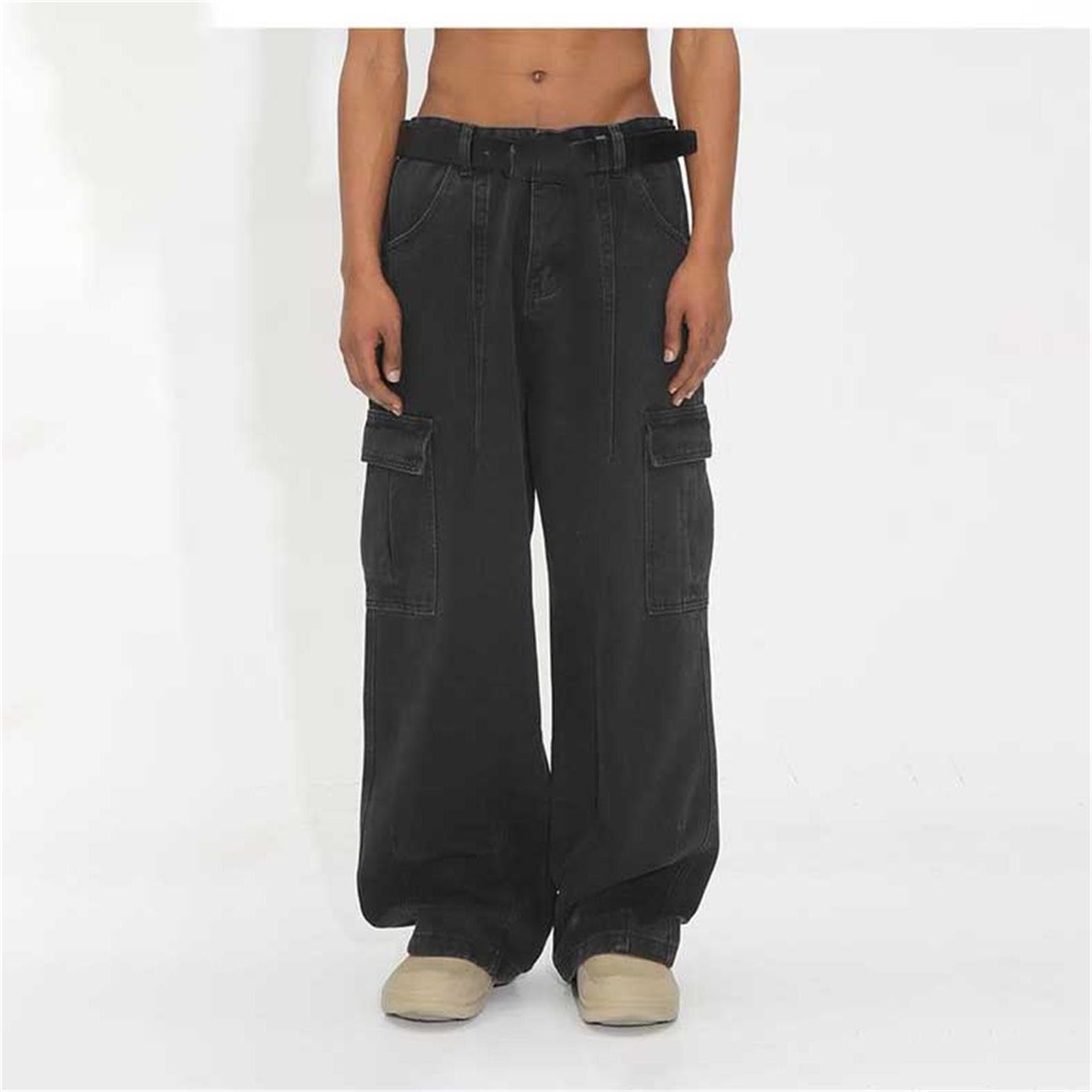 Generico Baggy Jeans Uomo Pantaloni Jins Y2K Balloon Loose Moto Strappati Invernali Zampa Slim Larghi Salopette Fit Flare Cargo Flared
