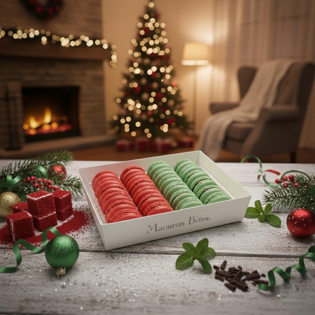 Macaron Bites Holiday French Macarons Gift Box, Red Velvet and Mint Chocolate Flavors, 24 Count Gourmet European Desserts, Christmas and Valentine's Day Assortment