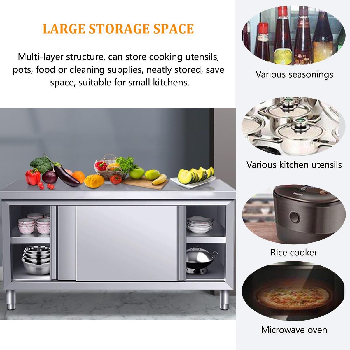 Tavolo da lavoro in acciaio inox con ante scorrevoli, spazioso tavolo da cucina con armadietto, per uso commerciale, all'aperto, ristorante, hotel e garage, multifunzionale