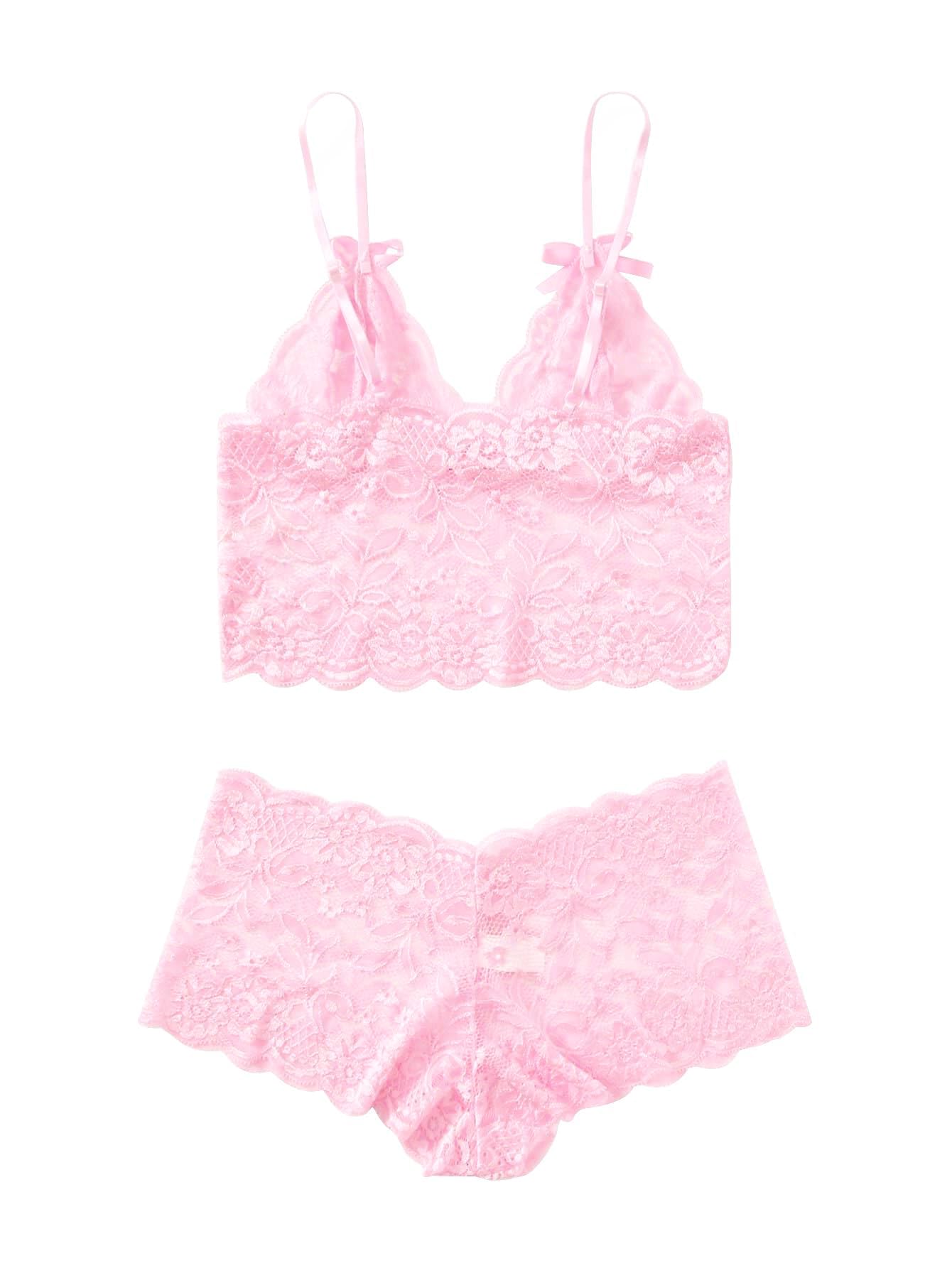 Lilosy Sexy Sheer Floral Lace Pajamas Lingerie Set High Waist Sleepwear Bra and Panty 2 Piece Nightwear: Small Bow Ties Pink