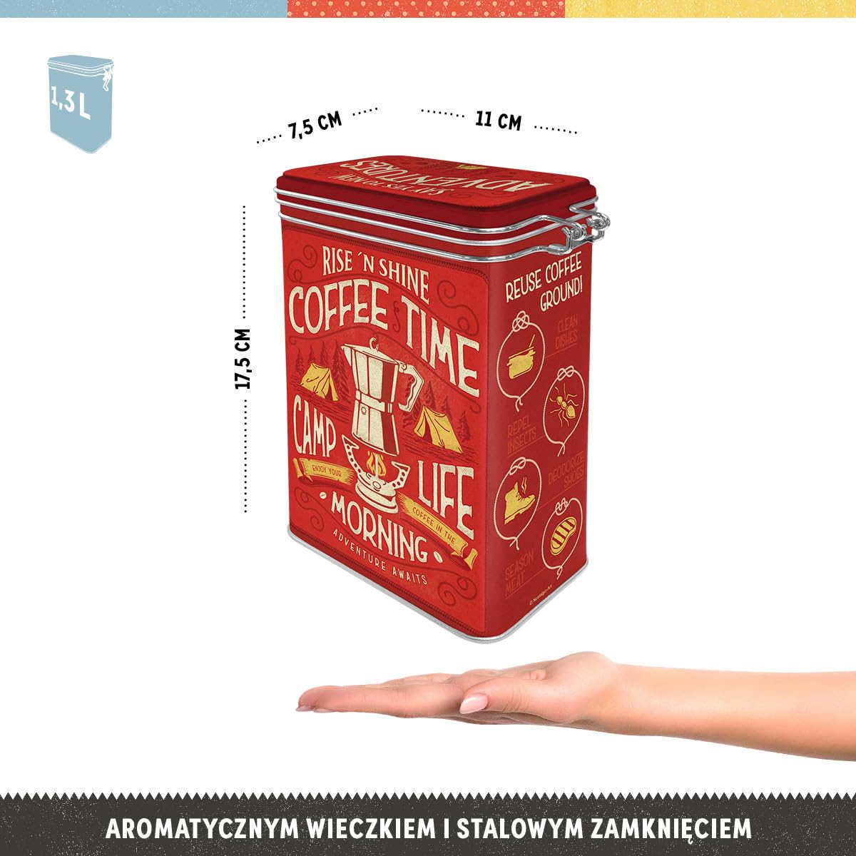 Nostalgic-Art Retro puszka na kawę, 1,3 l, Camp Coffee Time – Pomysł na prezent dla miłośników kawy, metalowy pojemnik z pokrywką aromatyczną, Styl vintage