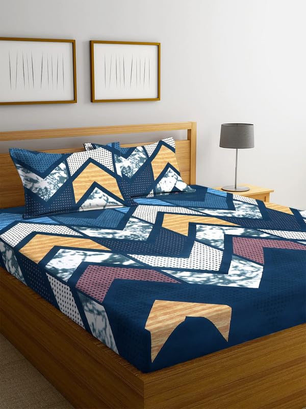 NHD HOME Premium Cotton Flat Double Bedsheets with 2 Regular Size Pillow Covers | Double Bed Breathable | Wrinklefree | Ultrasoft 210 tc Supersoft Floral | 90×90 Inches, Teal Blue White