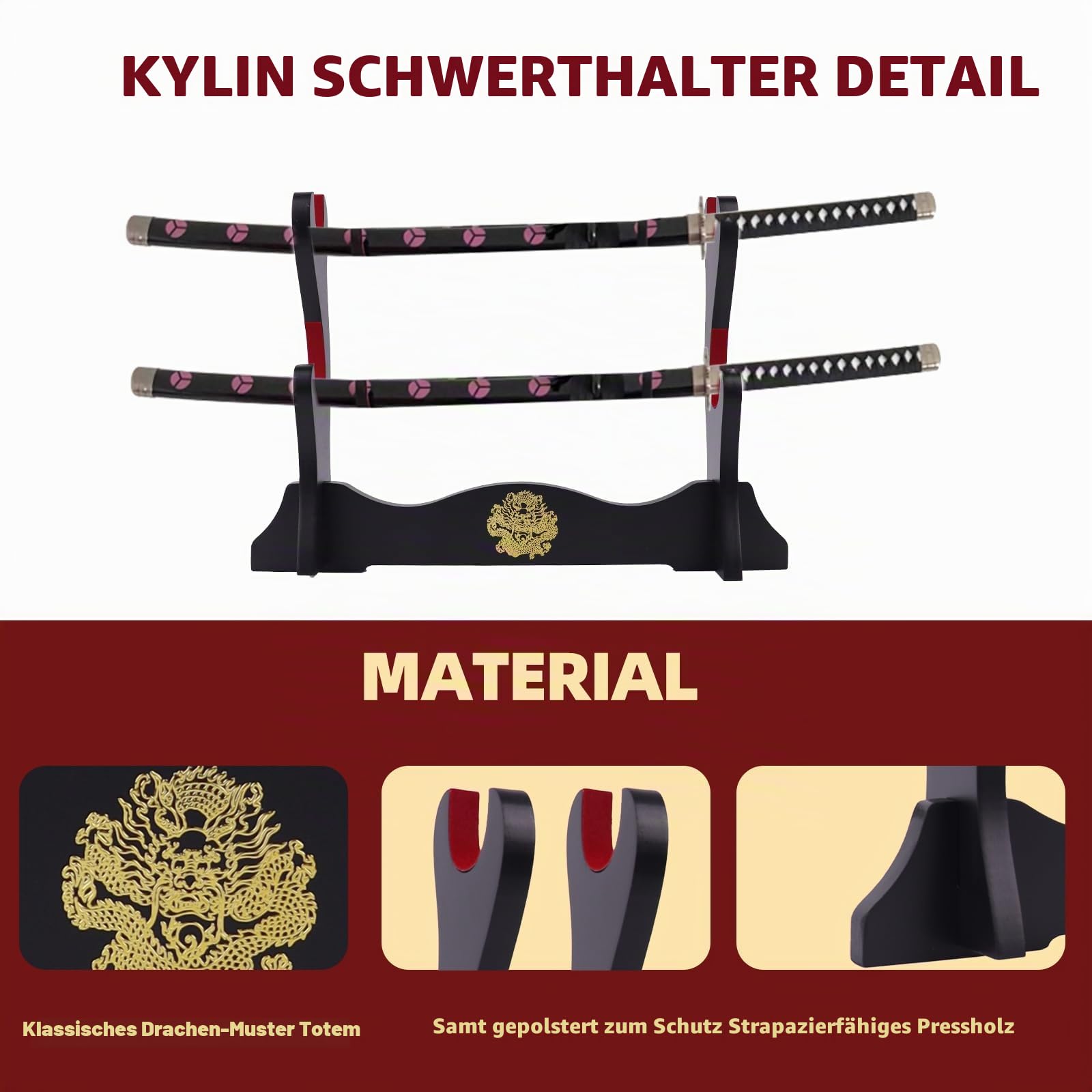 Schwerthalter japanischer samtgepolsterter Katana-Ständer Samurai-Ausstellungsständer unterstützt alle Schwerter Drachenmuster 2 Tier
