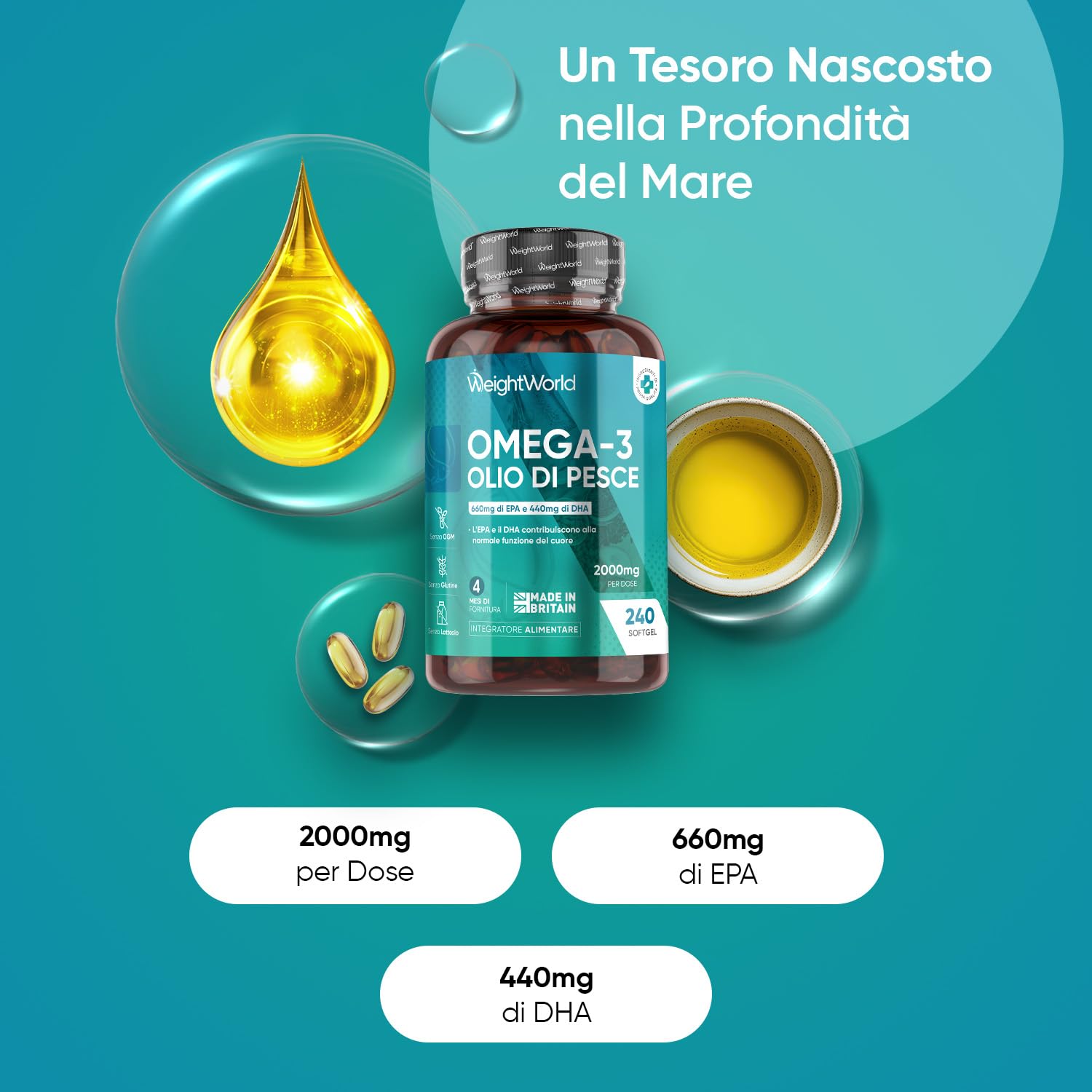 Omega 3 Olio di Pesce da 2000mg, 660mg EPA e 440mg DHA, Integratore Omega3 Fish Oil e Acidi Grassi Essenziali in 240 Softgel (4 Mesi), EPA e DHA Contribuiscono alla Normale Funzione del Cuore (EFSA)
