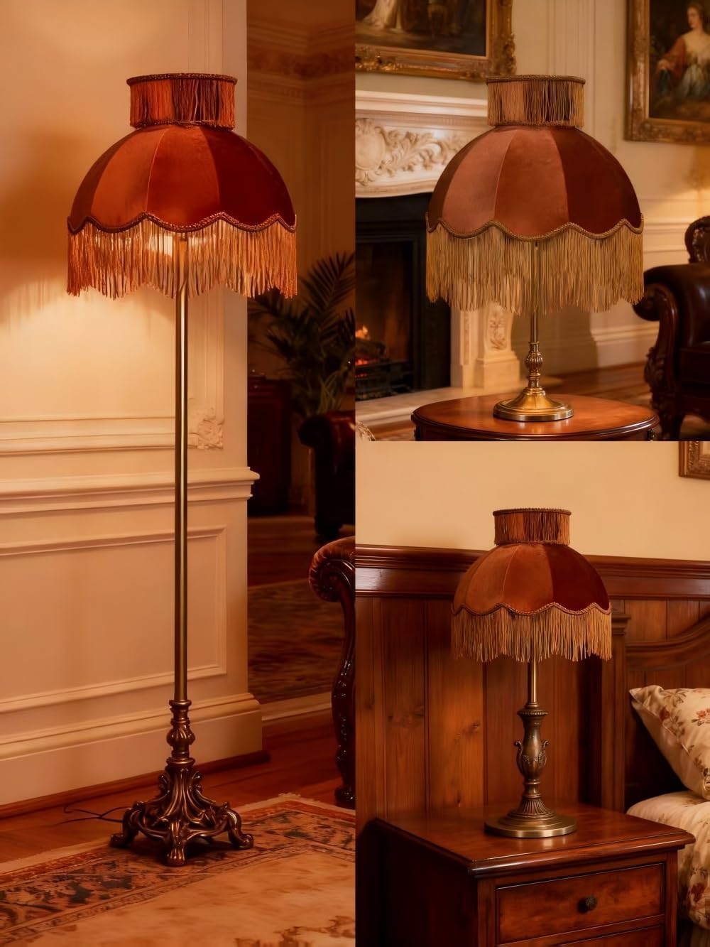Caramel-colored velvet fringe lampshade 7.8" Top x 17.7" Bottom x 13.4" High x 15 Slant"- Large Dome with Scalloped Edge & Fringe Tassels, for Table/Floor Lamps (1, Caramel, Large)