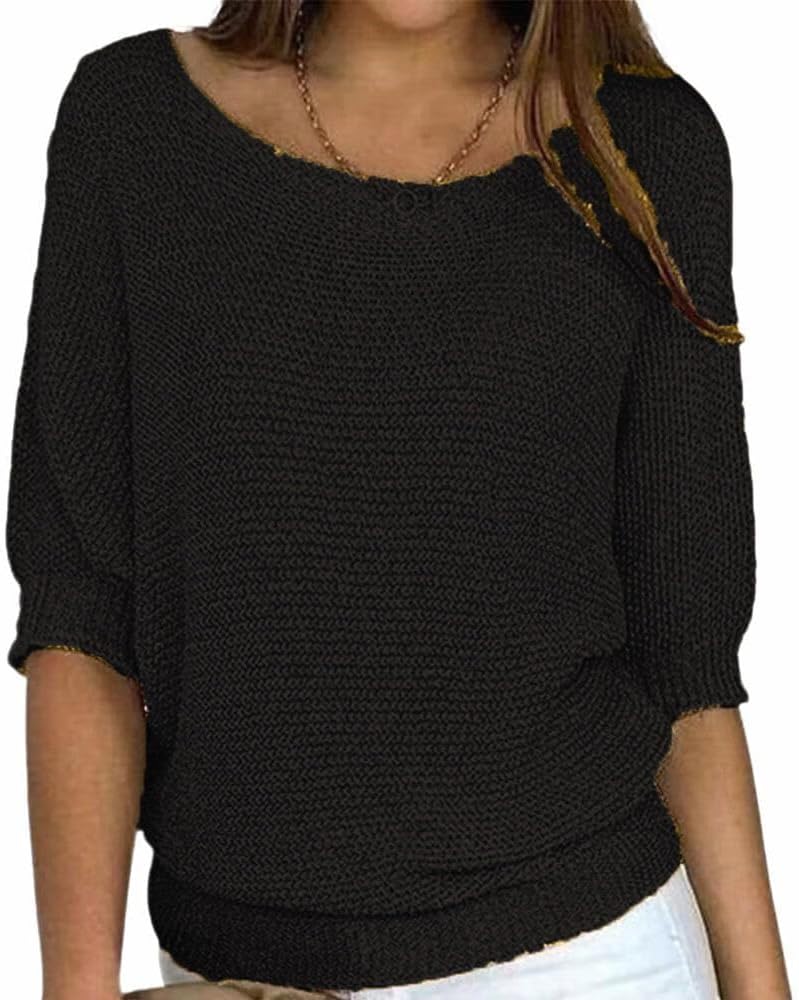 Women's Knitted Boat Neck 3/4 Sleeve Sweaters Batwing Loose Fit Casual Work Dressy Pullover Sweater