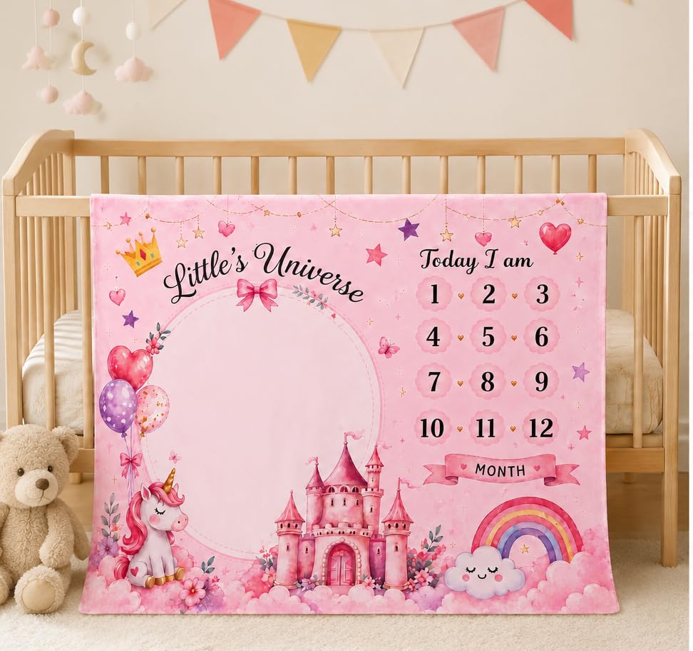 Image of Baby Monthly Milestone Photoshoot Blanket with Milestone Cards, Cotton, 115x95 cm, Animal Theme, 1-12 Months (Unicorn Pink)
