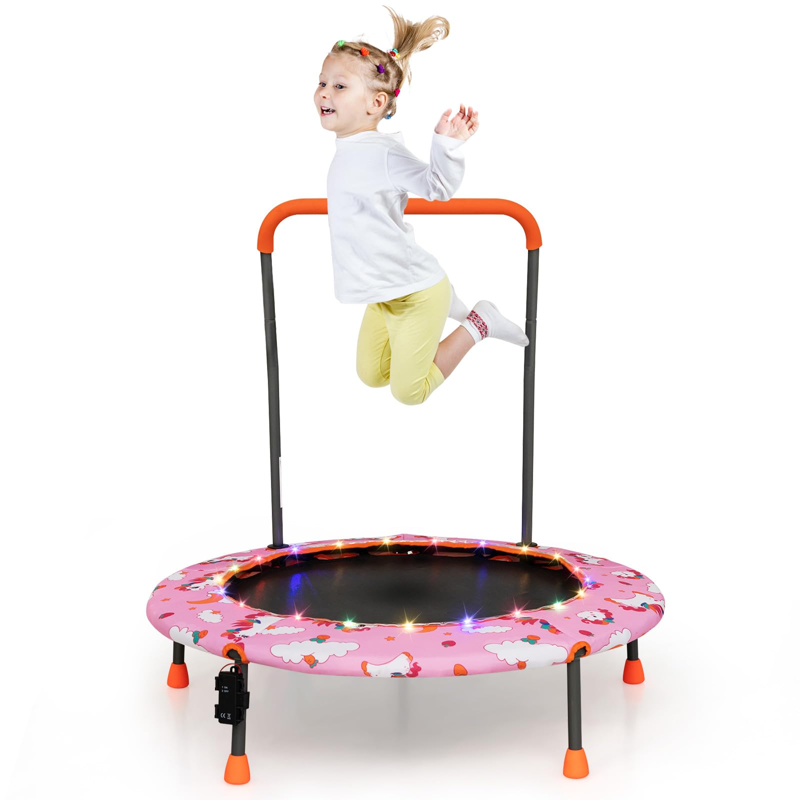 COSTWAY 92 cm trampolina z oświetleniem LED, zdejmowany uchwyt, mini trampolina dla dzieci w wieku 3-6 lat, wewnątrz i na zewnątrz