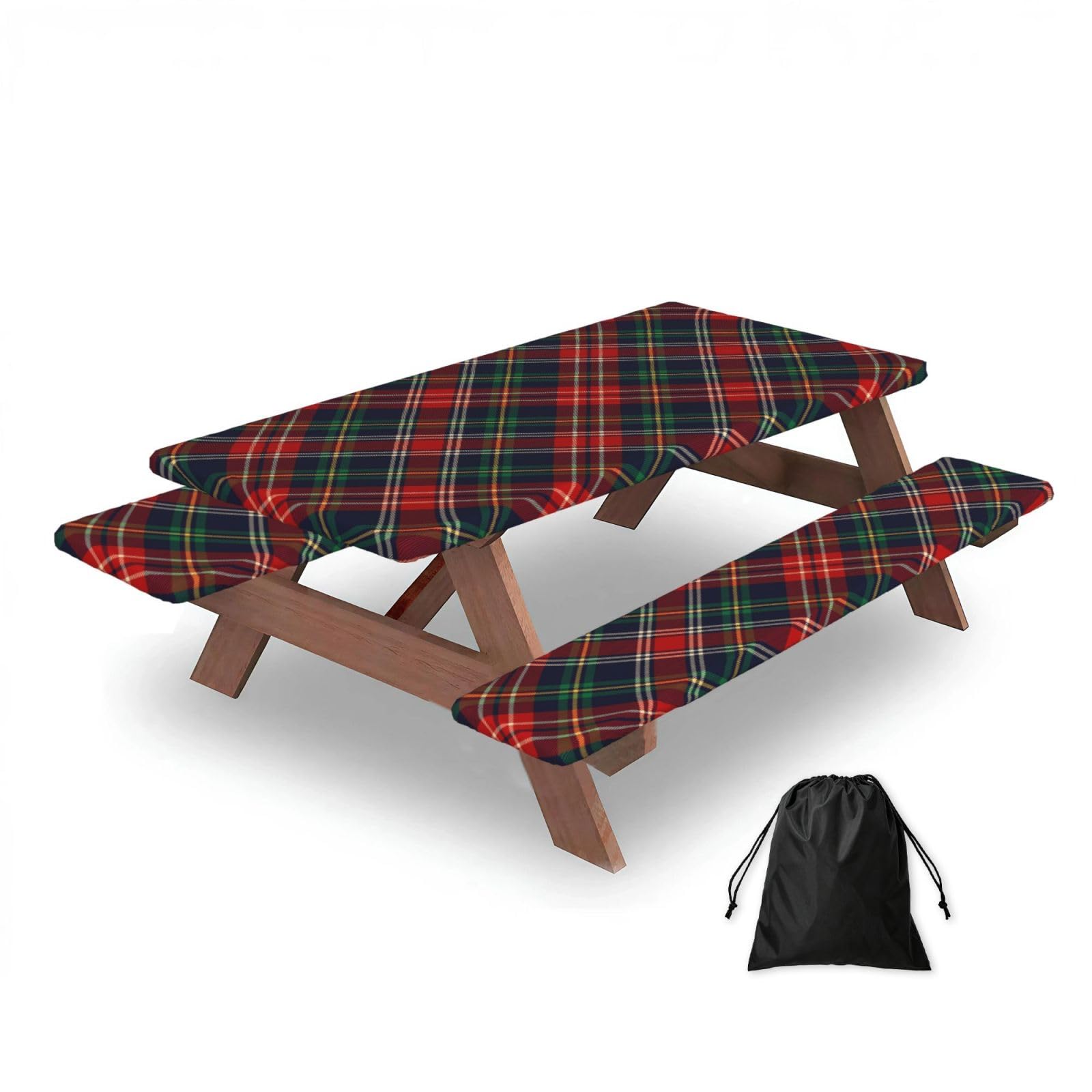 Dopklna As Picture Tartan Plaid, Picnic Table Cover With Bench Covers -Waterproof Elastic Fitted Tablecloth For Garden Camping Patio 76X152cm