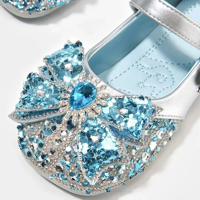 Girls Princess Mary Jane Shoes, Silver and Blue Crystal Bow Design, Sparkly Dress Flats4