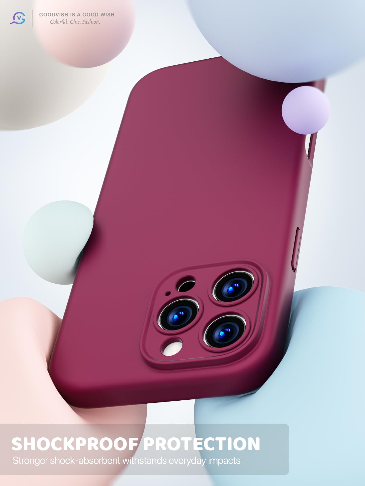 GOODVISH 3 in 1 Silicone Cover per iPhone 16 Pro Max 6.9", Custodia con 2 Pellicola Vetro Temperato [Protezione Fotocamera] Protezione Anticaduta Case per Cellulare Antiurto Resistente, Vino Rosso