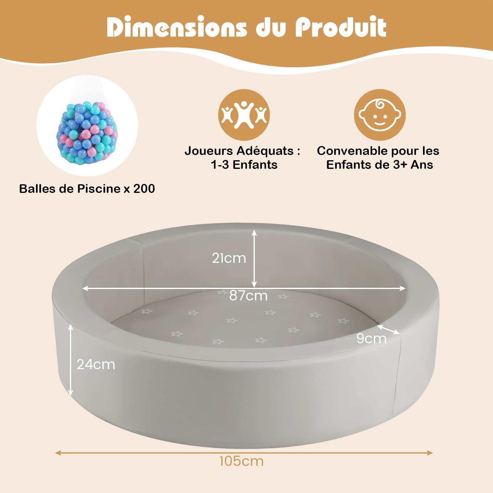 GOPLUS Piscine a Balle pour Bébé en Mousse 105x24 CM avec 200 Balles, Piscine a Balle pour Enfant Rond, Lavable en Machine, Motif Étoile, Aire de Jeux pour Tout Petit Intérieur, Gris/Rose