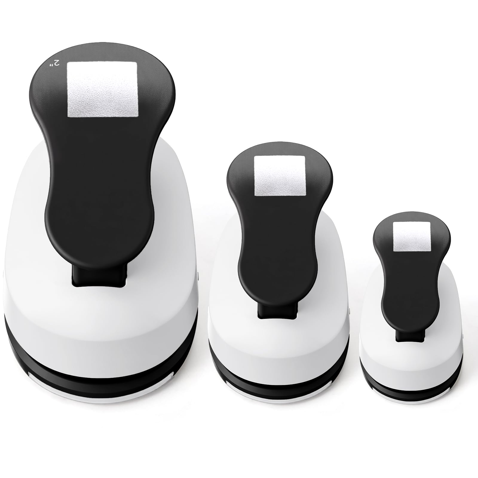 CHENGU Paquete de 3 perforadoras cuadradas para manualidades, perforadoras de papel de 2, 1 y 5/8 pulgadas con 10 calcomanías, cortador negro para hacer tarjetas, álbumes de recortes, álbumes de