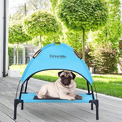 SweetBin S/M/L Outdoor Elevated Dog Cot with Canopy & Side Shade for Camping Small Medium Dogs (Carry Bag), Portable Cooling Raised Dog Bed with and Side for Beach